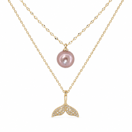 Freshwater Pearl Layered Necklace with Purple Pearl and Mermaid Tail Pendant – Double Layered Style