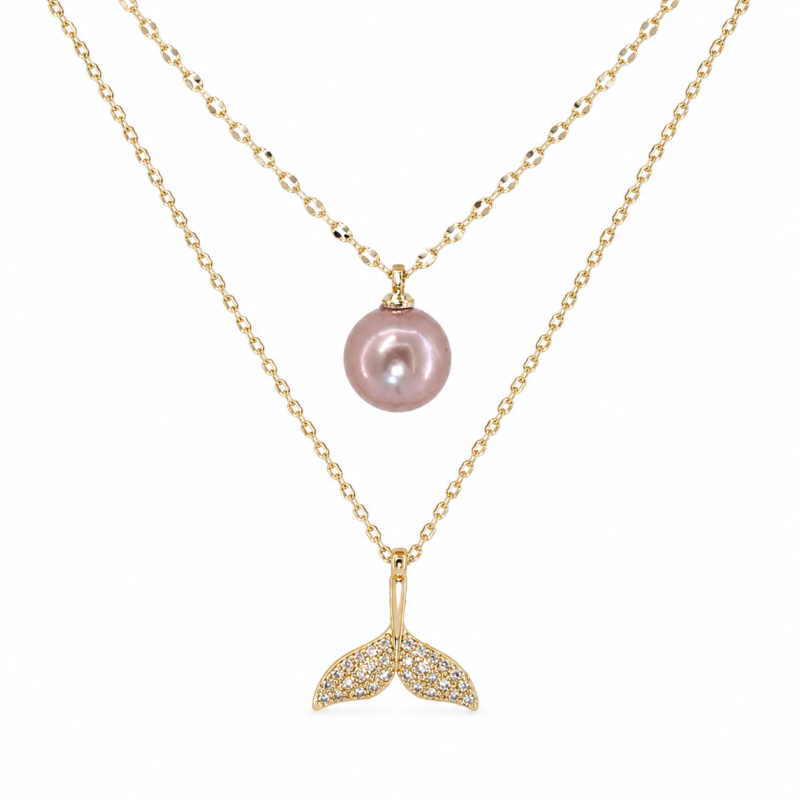 Freshwater Pearl Layered Necklace with Purple Pearl and Mermaid Tail Pendant – Double Layered Style