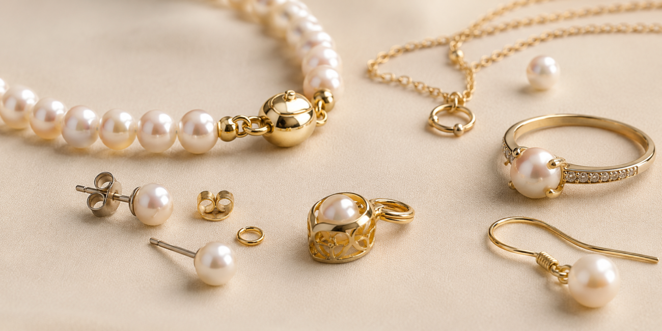 Pearl jewelry clasps settings chains and metal component details