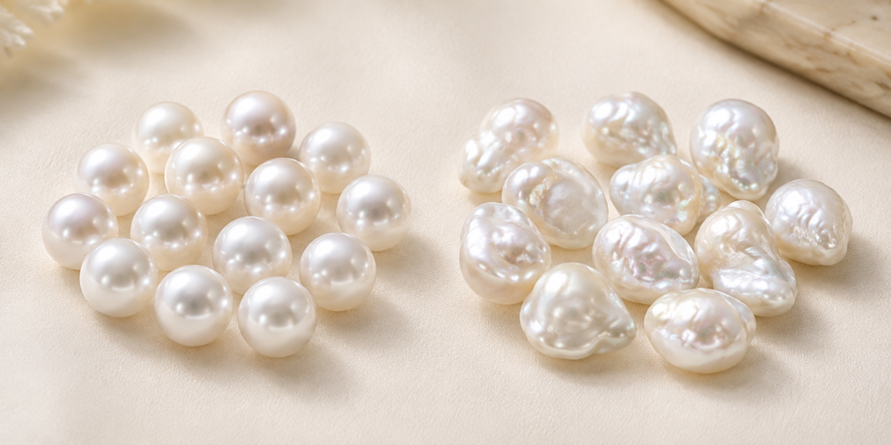Round and baroque cultured pearls compared by shape and surface
