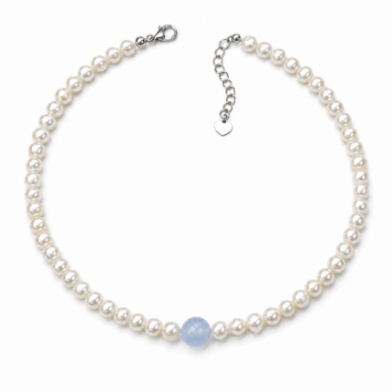 Serene Tide aquamarine freshwater pearl necklace with 5.5mm near-round pearls and an 8mm blue center bead