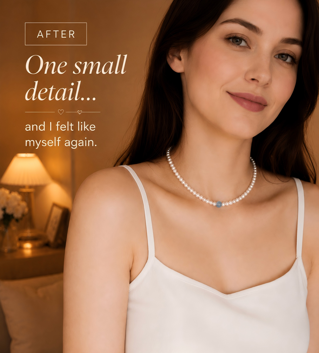 Woman wearing the Serene Tide aquamarine freshwater pearl necklace with a white camisole