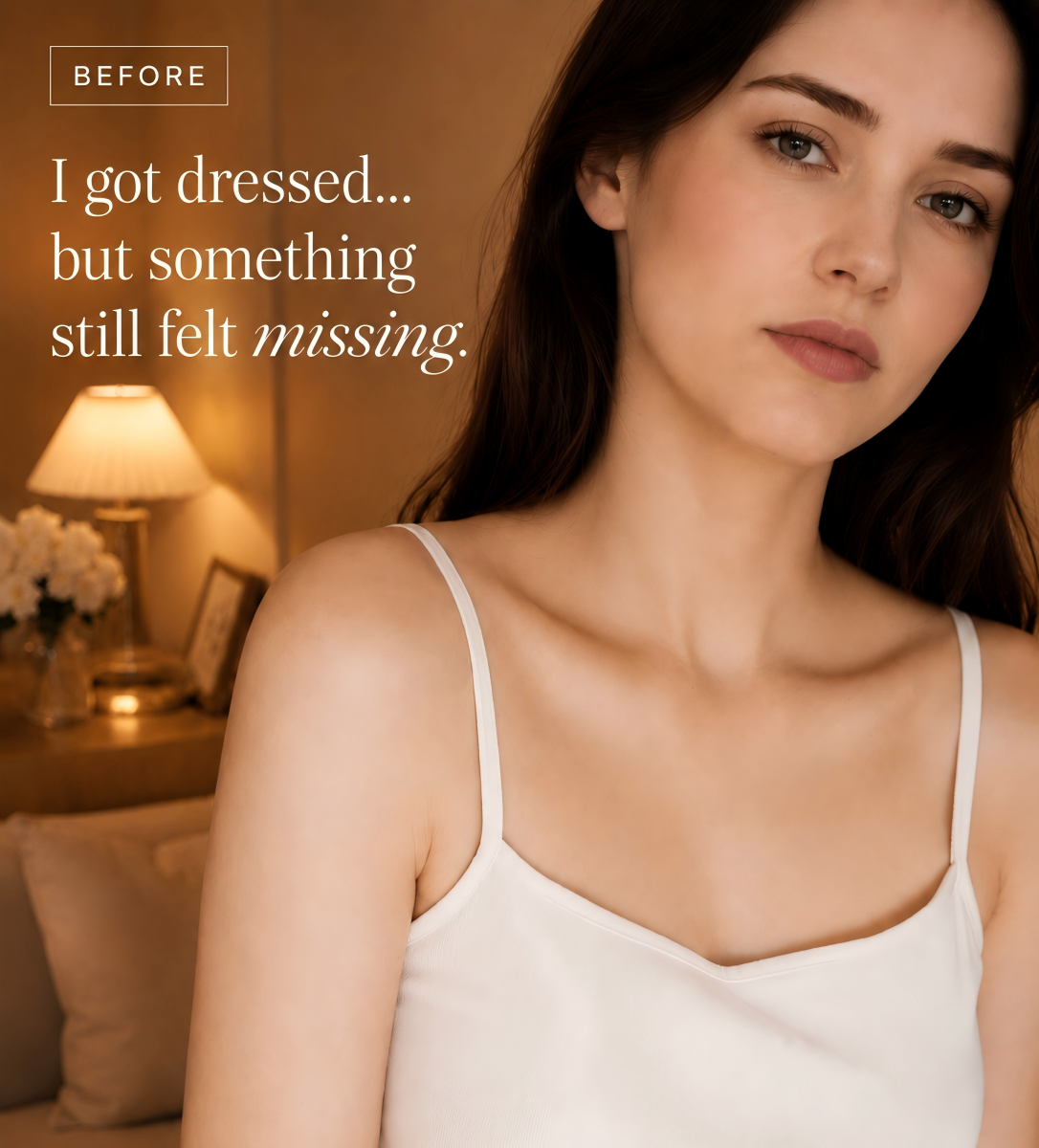 Woman in a white camisole before wearing the Serene Tide aquamarine freshwater pearl necklace