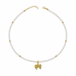 Golden Promise freshwater pearl necklace with spaced gold-tone beads and a bow pendant