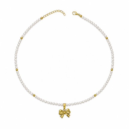 Golden Promise freshwater pearl necklace with spaced gold-tone beads and a bow pendant