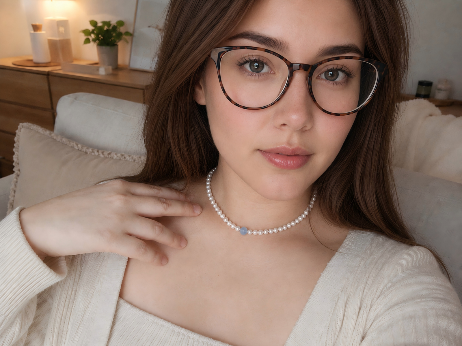 Woman wearing the Serene Tide aquamarine freshwater pearl necklace with a casual everyday outfit