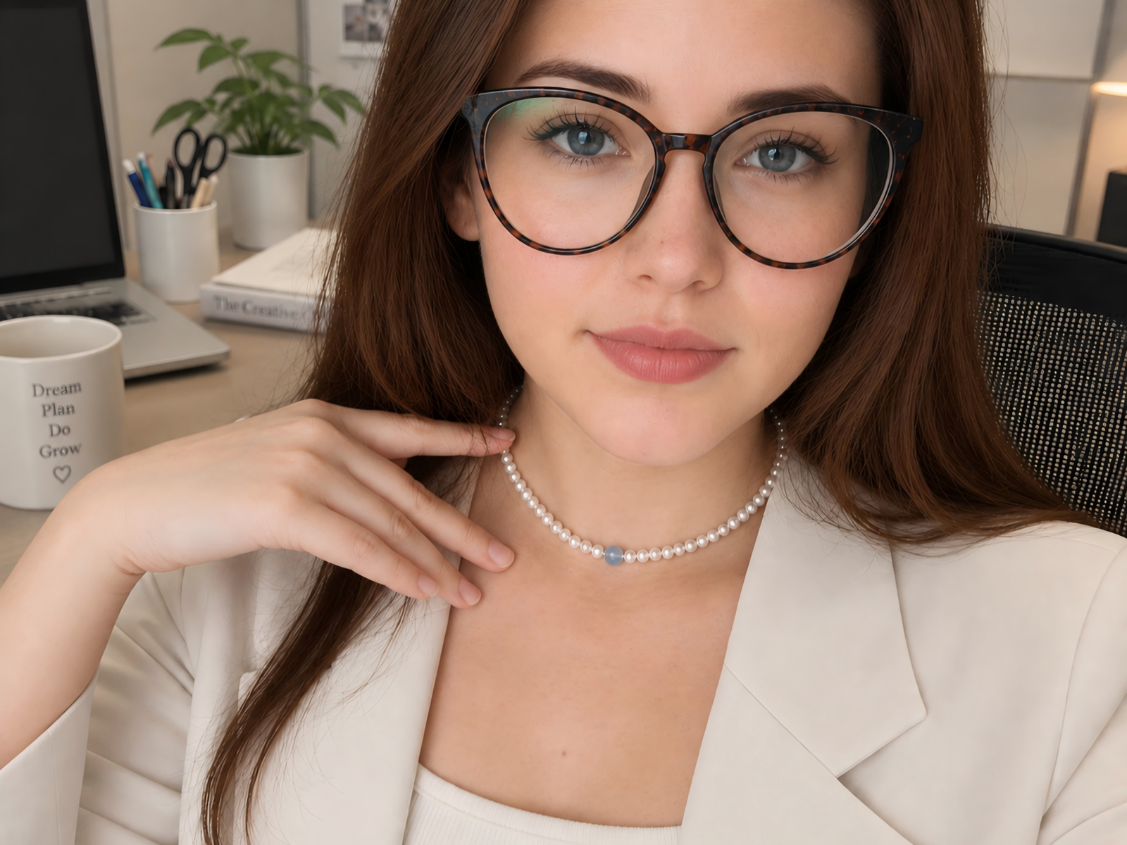 Woman wearing the Serene Tide aquamarine freshwater pearl necklace with a blazer and office outfit