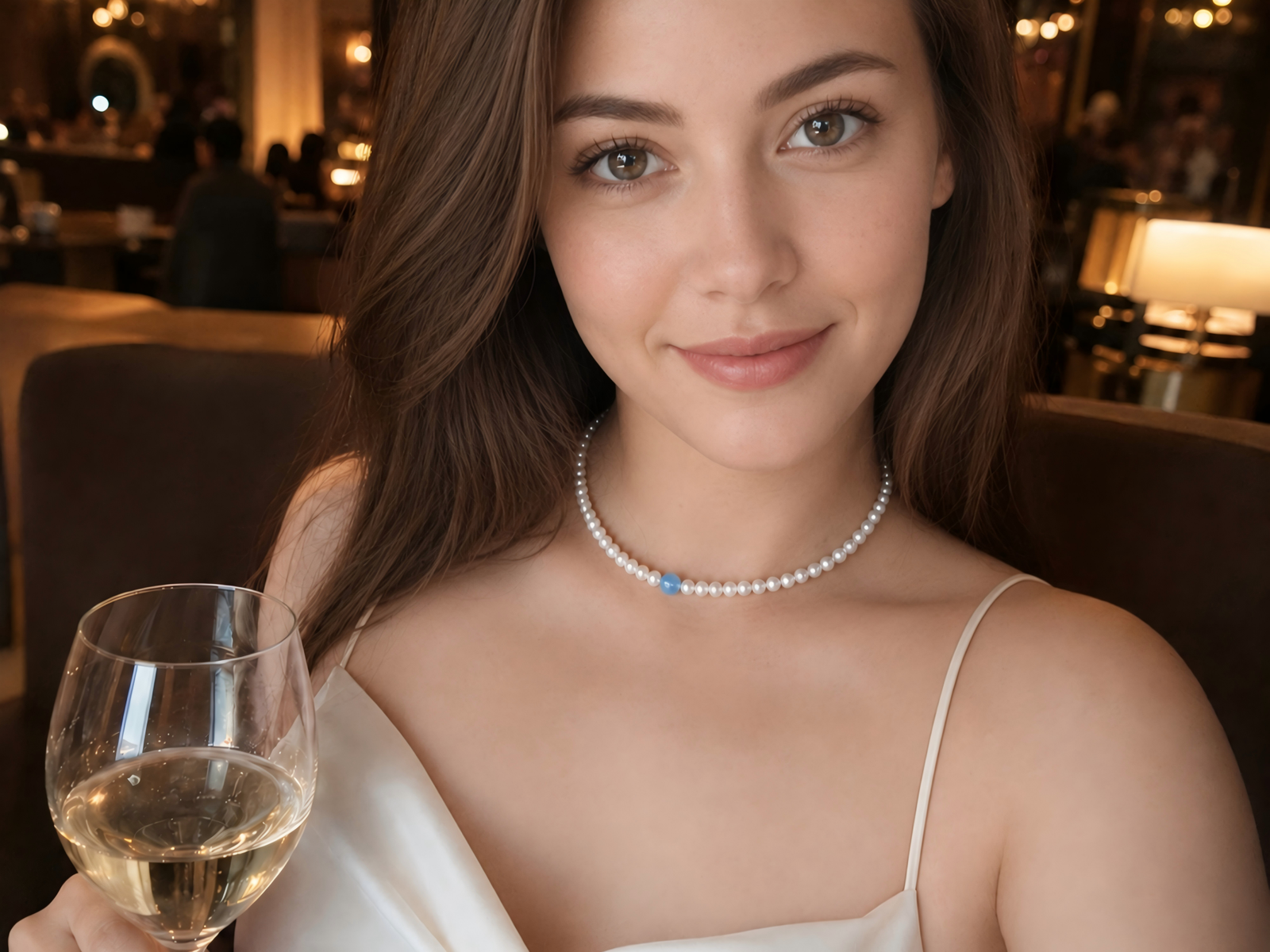 Woman wearing the Serene Tide aquamarine freshwater pearl necklace at an evening dinner party