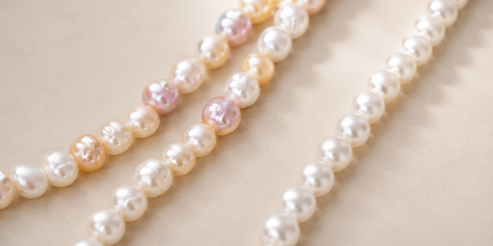 Are freshwater pearls real? Cultured freshwater pearl strands photographed in natural light.