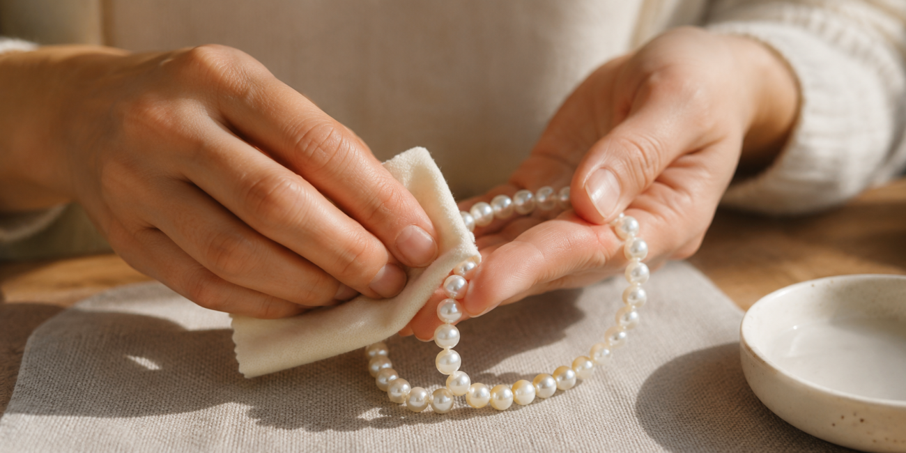 Gently cleaning freshwater pearl jewelry with a soft lint-free cloth