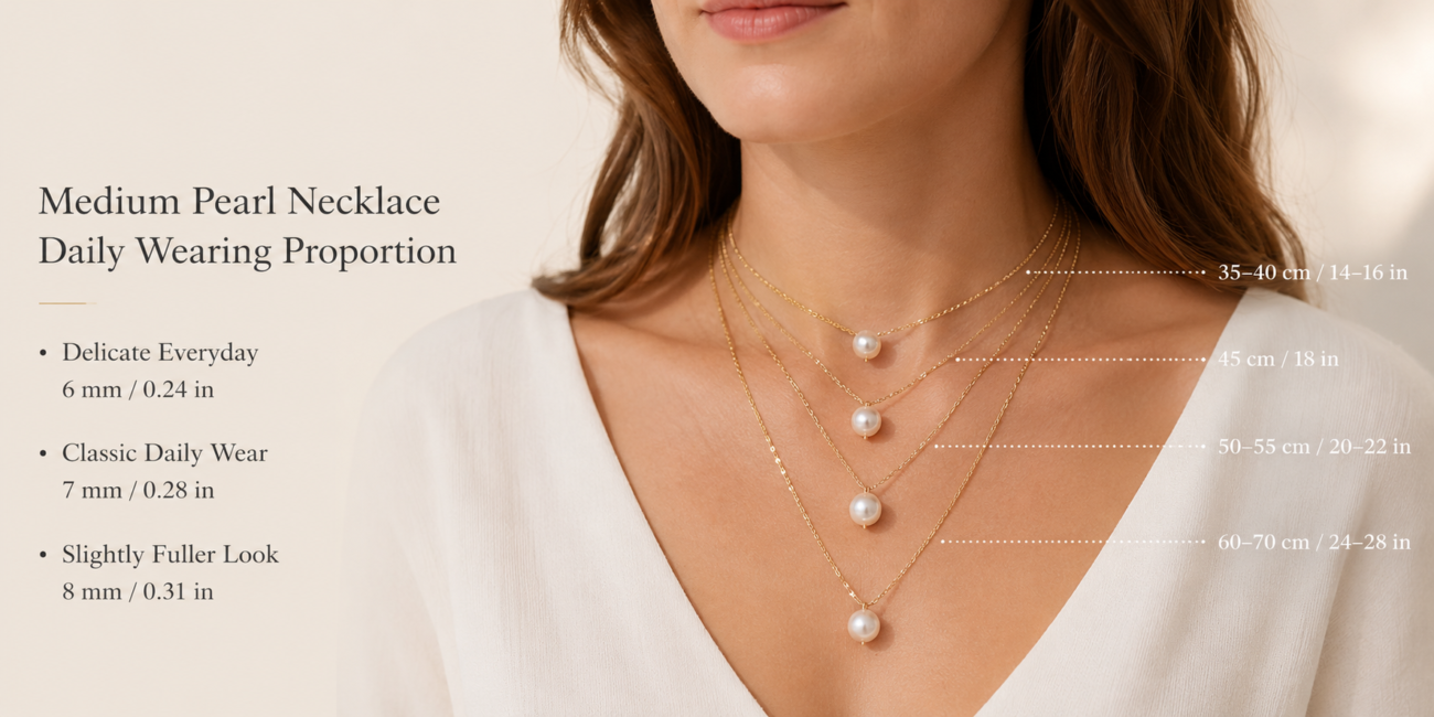 Woman wearing medium-sized freshwater pearl jewelry for everyday style