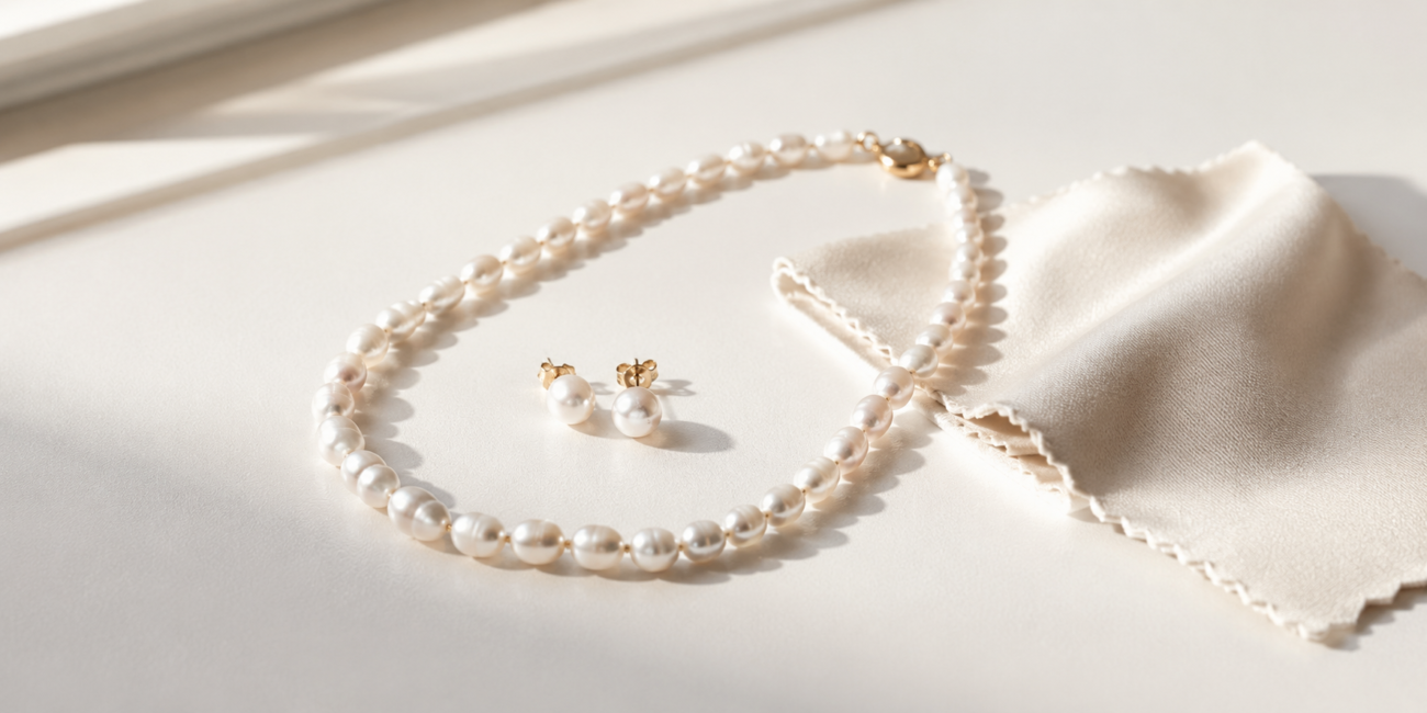 How to care for pearl jewelry with freshwater pearls and a soft cleaning cloth