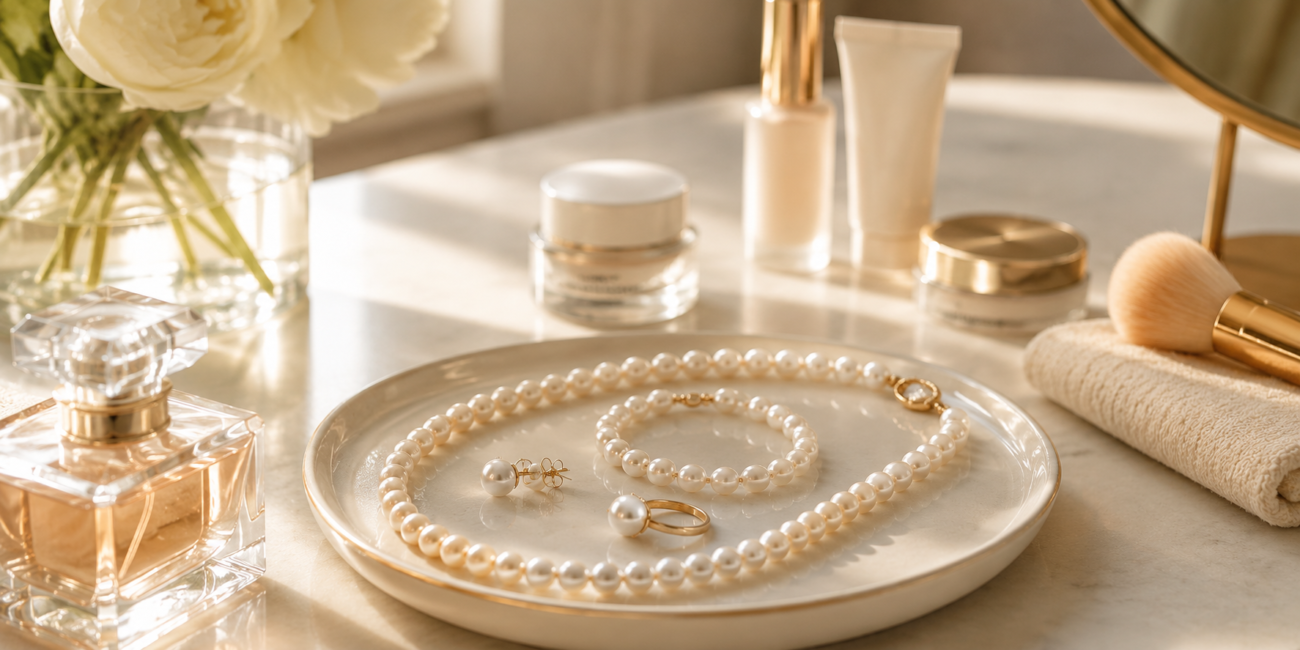 Pearl earrings placed beside perfume and makeup as part of a gentle jewelry care routine
