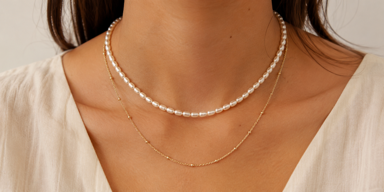Short pearl necklace layered with a delicate gold chain