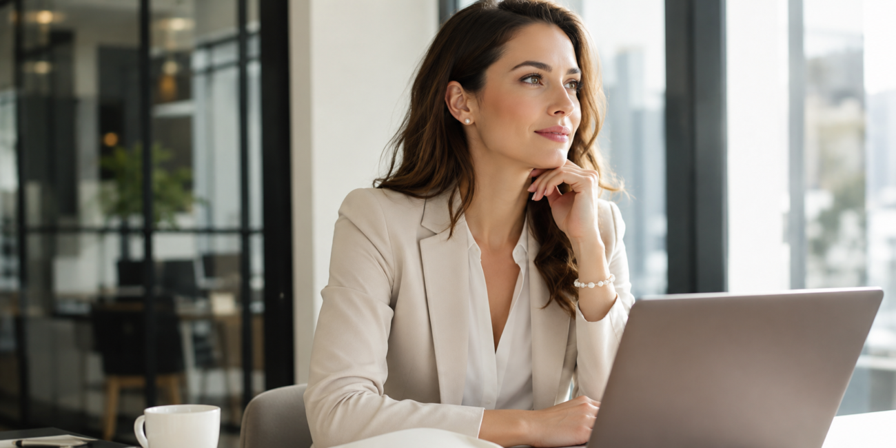 Woman wearing pearl earrings with a modern workwear outfit