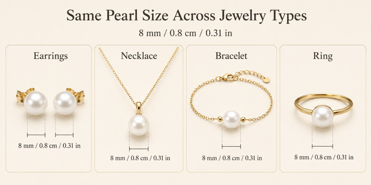 Pearl sizes shown in earrings necklaces bracelets and rings