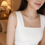 Woman wearing the Serene Tide aquamarine freshwater pearl necklace at the collarbone