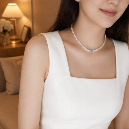 Woman wearing the Serene Tide aquamarine freshwater pearl necklace at the collarbone