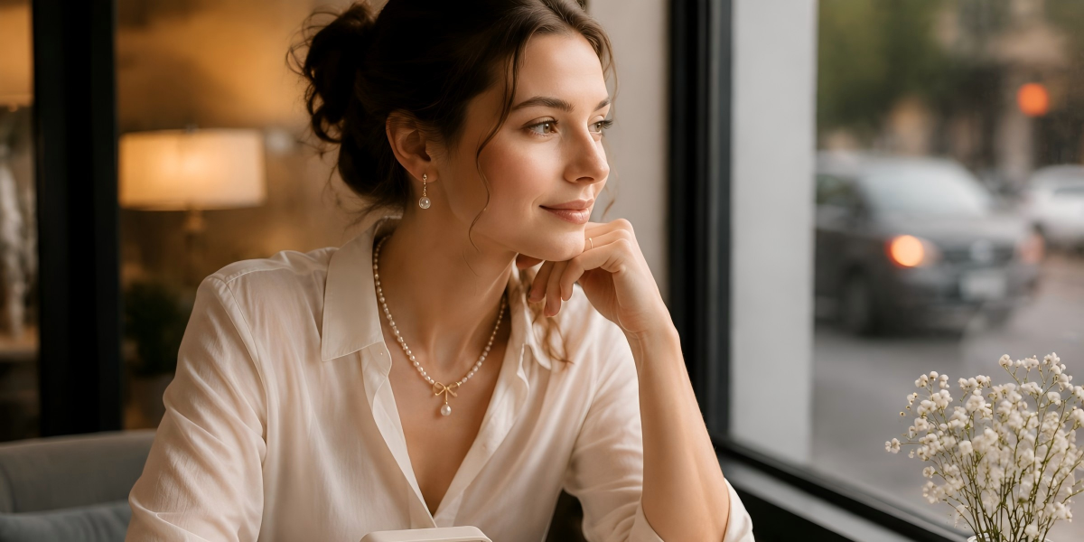 Woman wearing pearl jewelry received as a meaningful gift