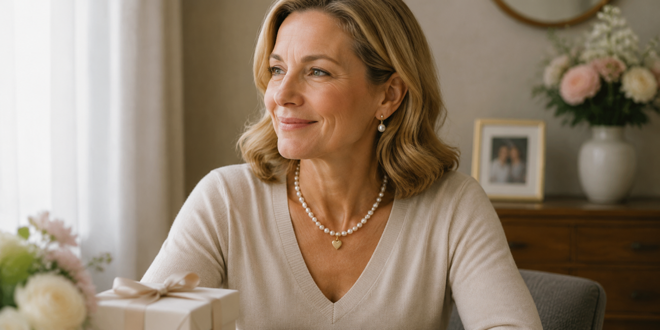 Mother receiving a pearl jewelry gift as a meaningful appreciation gift