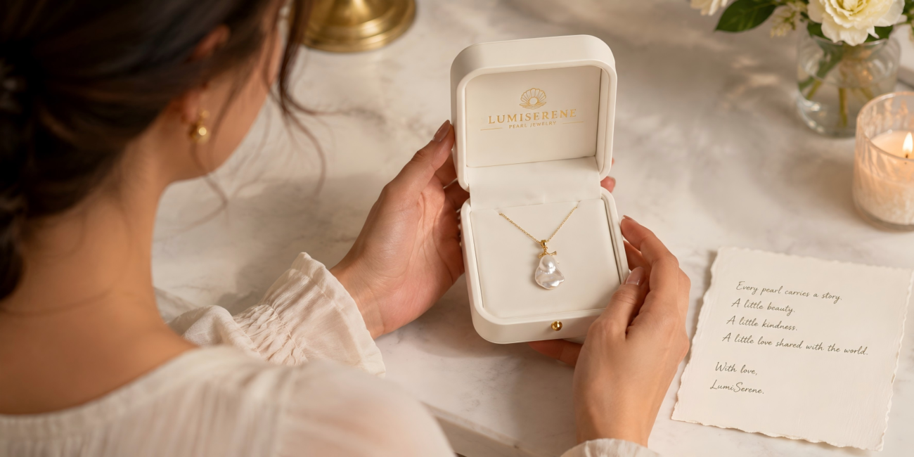 Woman opening a pearl jewelry gift box with a meaningful necklace