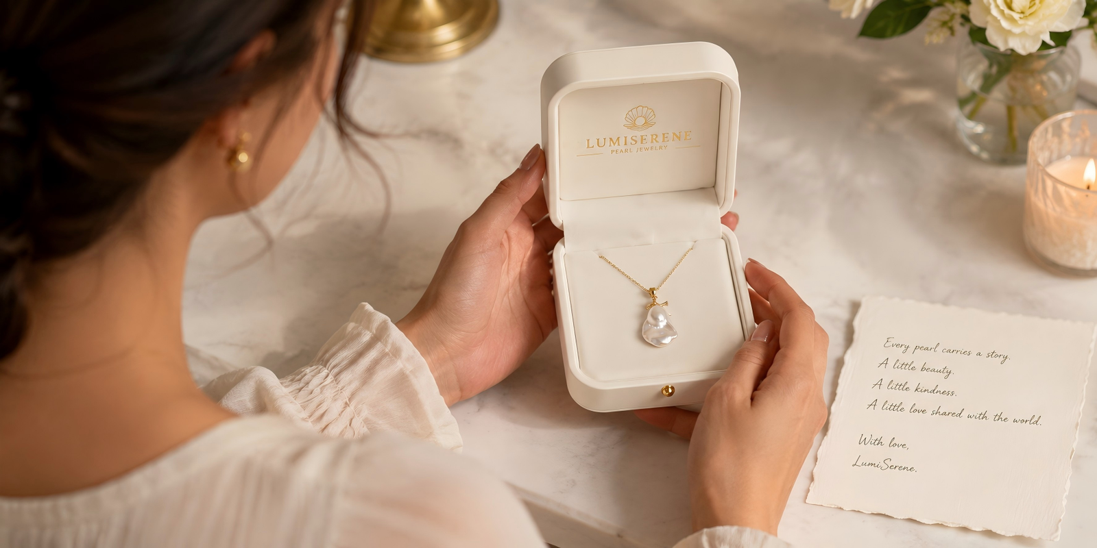 Woman opening a pearl jewelry gift box with a meaningful necklace