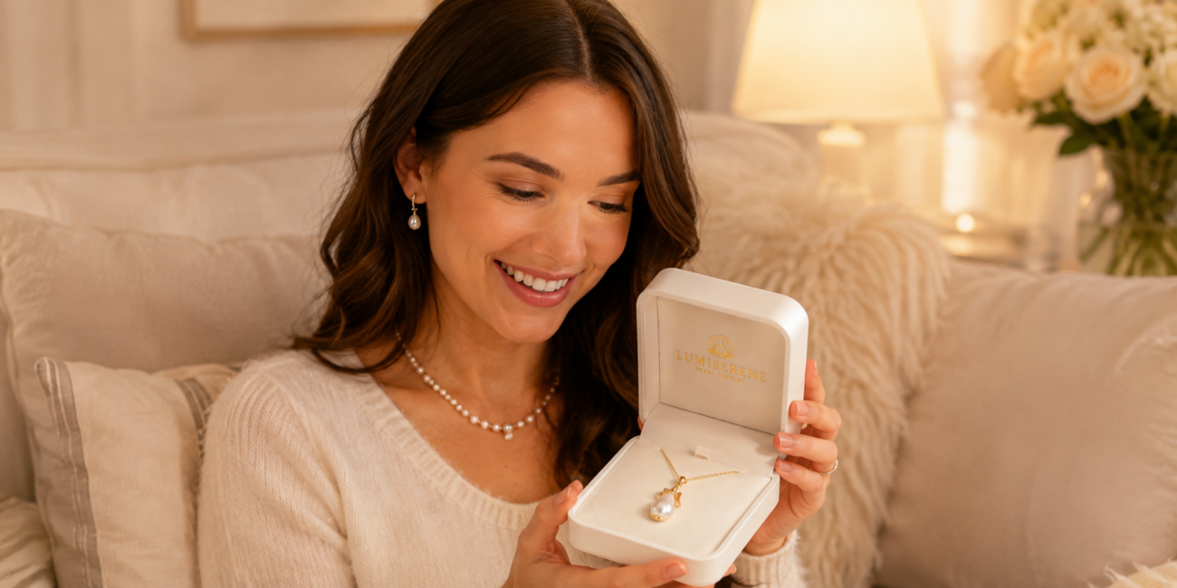 Woman receiving pearl jewelry gift and smiling