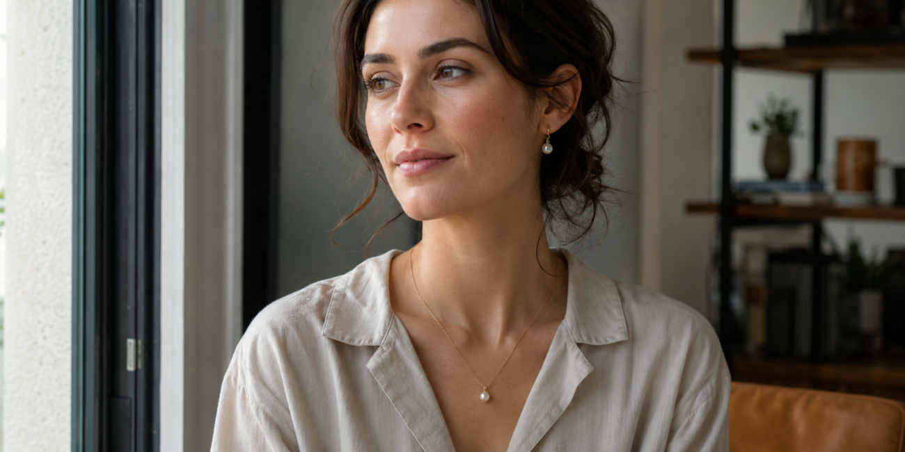 Woman wearing LumiSerene pearl jewelry with meaning