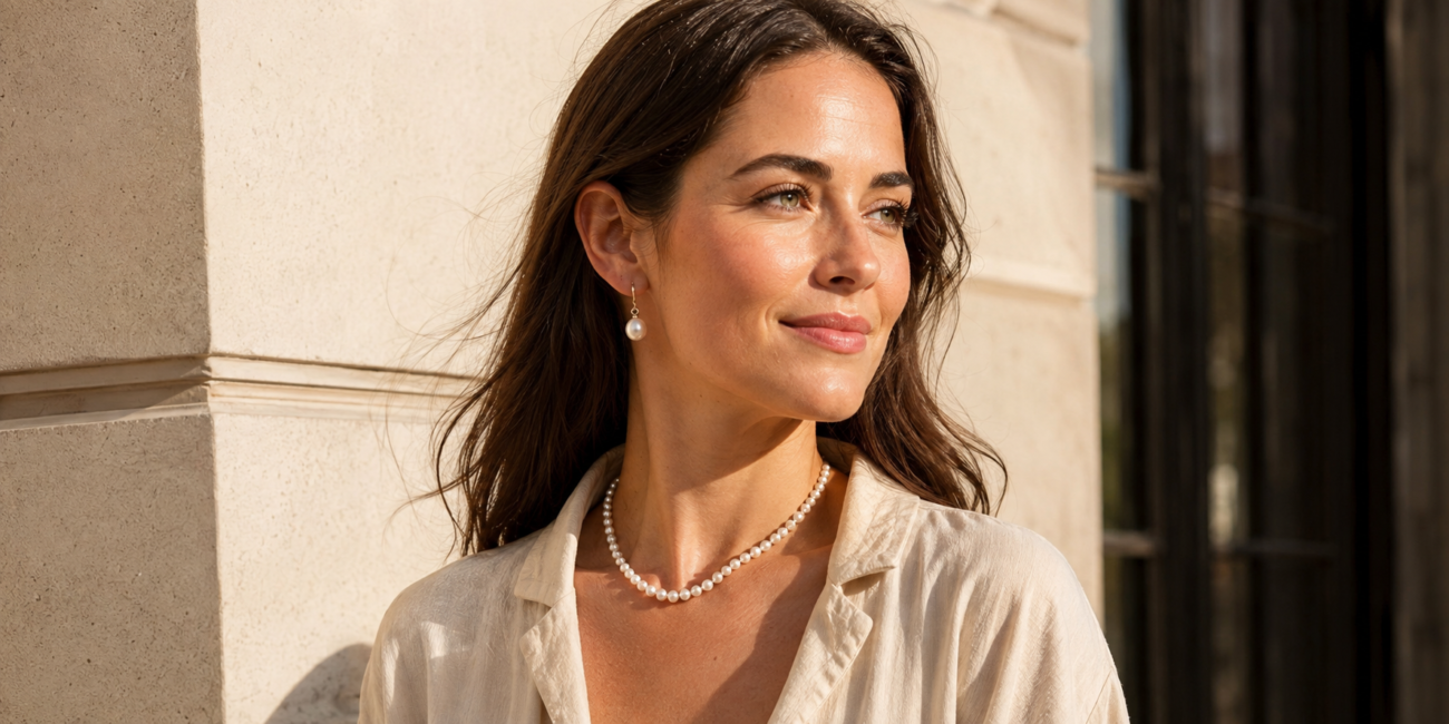Woman wearing pearl jewelry as a symbol of confidence and elegance
